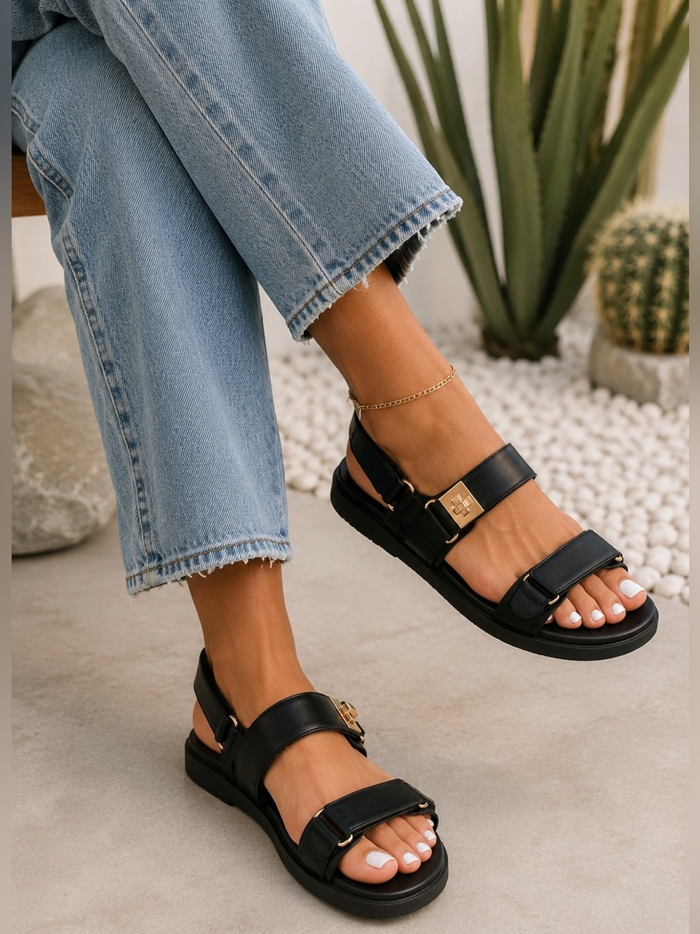 🖤 NWT Black Double Strap Platform Sandals with Gold Hardware